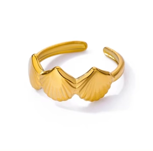 Detailed view of 18K gold stainless steel open ring with textured shell design