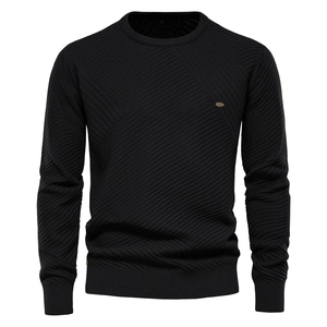 Close-up of black men's knit sweater showing fine twill texture and logo detail