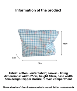 Macro detail of floral check cosmetic bag showing cotton fabric texture and dimensions