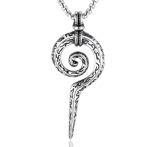 Vintage silver snake scepter Viking rune stainless steel pendant necklace with spiral texture