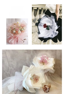 Detail of 18 inch transparent balloon bouquet with roses and decorative mesh packaging