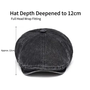 Deep crown 12cm washed denim newsboy cap in dark grey with full head coverage
