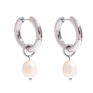 Elegant stainless steel hoop earrings featuring lustrous white pearl drops on white background