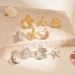 Vintage Sun Moon Face Starfish Flower Alloy Ear Cuffs Non Pierced Ear Clips For Women Bohemian Style Metallic Niche Design