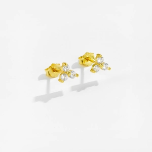 925 Sterling Silver Three Stone Zirconia Stud Earrings For Women Flower Shape 18K Gold Plated Minimalist Elegant Jewelry Gift