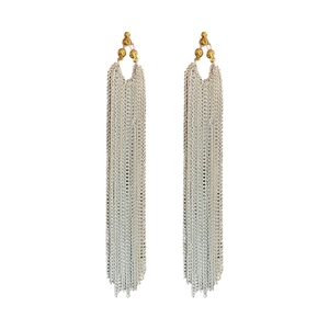 Exaggerated metal long chain tassel earrings with gold bead accents in silver finish