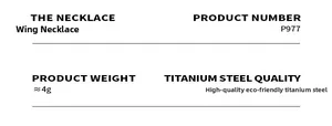 Specifications chart for titanium steel wing pendant necklace with material and weight details