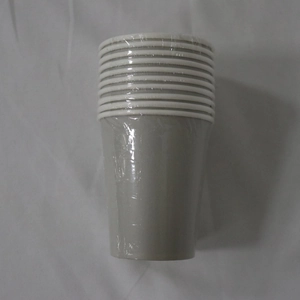 Stack of light gray disposable paper cups wrapped in clear plastic protective film