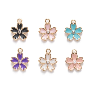 Set of 6 cherry blossom charms in assorted enamel colors with pearls and crystals