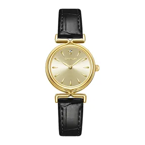 Elegant SAMDA vintage women's watch with golden case and black crocodile leather strap