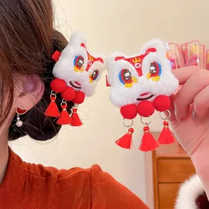 Traditional Chinese New Year white plush lion dance hair clips with red tassels and embroidery