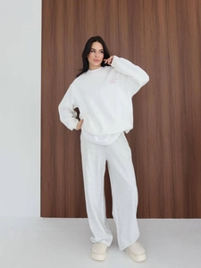 Women's white crewneck sweatshirt and grey joggers set with Authenticity and Balance print