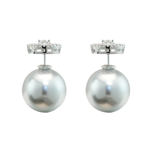 Elegant silver-tone pearl earrings with cubic zirconia halo in a French vintage style