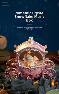 Pink princess carriage music box with glowing night light and festive snow scene detail