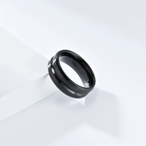 Minimalist black brushed titanium steel ring with central groove for men and women