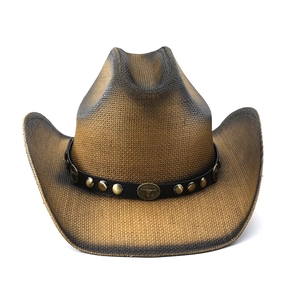 Zweifarbiger Western-Strohhut mit Lederband und Vintage-Stierkopf-Emblem für Damen und Herren