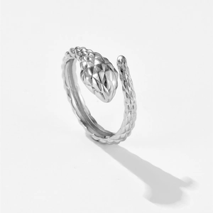 Polished silver snake ring with textured scales and geometric head on white background