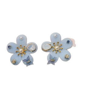 Elegant light blue flocked flower stud earrings with faux pearls and shimmering zircons