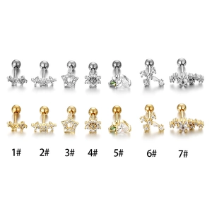 Stainless steel piercing studs set with zircon flower star shapes in gold and silver