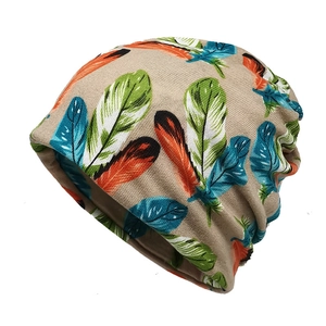 Winter khaki knitted beanie with colorful feather pattern for outdoor windproof warmth