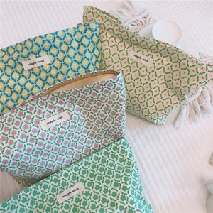 Detail of floral cotton makeup bags with 'simple wish' labels in four pastel patterns