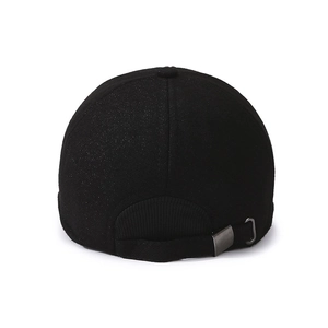 Rear view of black thermal winter baseball cap for men with adjustable metal strap buckle