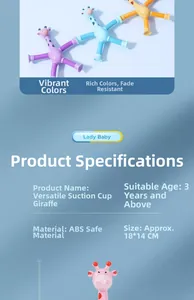 Detail view of colorful giraffe suction cup toys with telescopic limbs made of ABS material