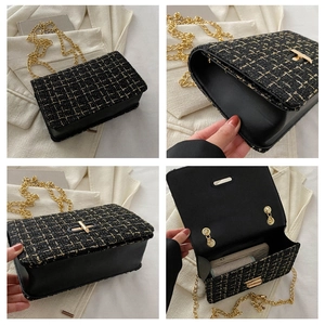 Detailed views of black tweed crossbody bag with gold chain strap and turn-lock closure