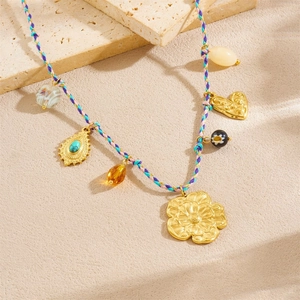 Bohemian gold flower and turquoise heart pendant necklace set with purple braided rope