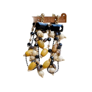 Ethnic style long tassel earrings with wooden beads and black faceted stones
