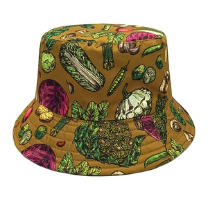 Detail of creative vegetable pattern printing on olive brown cotton bucket hat