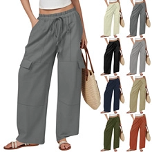 Detail view of cotton linen cargo pants with drawstring waist and 9 color swatches