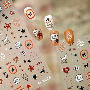 Retro pony and unicorn nail art stickers with hearts and stars in warm orange tones