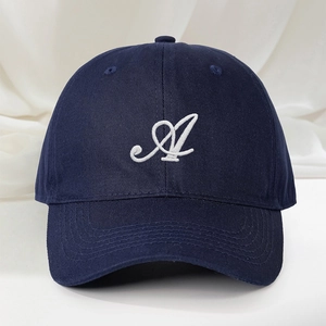 Classic dark blue baseball cap with white embroidered letter A and adjustable curved brim