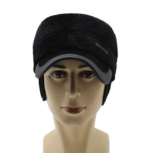 Winter black faux mink fur flat top cap with ear flaps and metal brand logo
