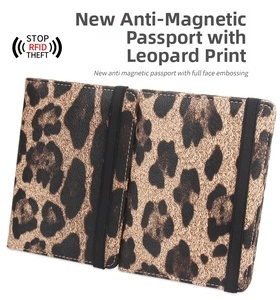 Detail view of leopard print passport cover with secure RFID protection and elastic strap