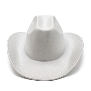 Close-up of white Halloween cowboy hat with iridescent metallic glitter and wide brim