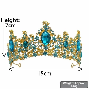 Detail view of the baroque gold rhinestone tiara, showing height and width measurements clearly.