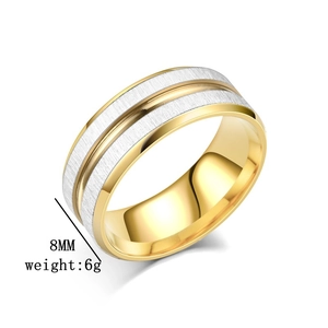 Detailed view of 8mm wide brushed steel ring with gold-plated edges and 6g weight