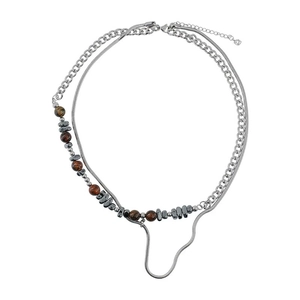 Double-layer silver chain necklace with tiger eye stone and grey metal beads