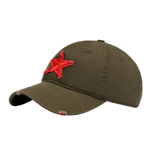 Army green distressed baseball cap with a large red star patch in a 45-degree view
