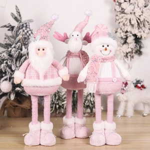Three-piece pink Christmas gnome set with telescopic legs featuring Santa, deer, and snowman