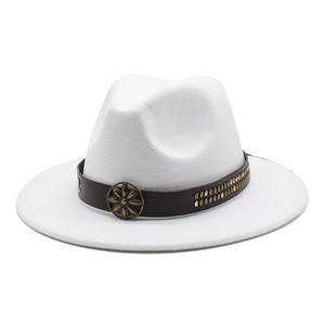 White wool felt fedora hat with brown leather rivet band and vintage floral buckle
