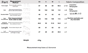 Size chart for women's blazer dress with lace hem, showing XS to L measurements and care info