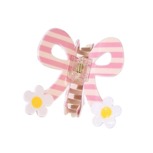 Pink and white striped butterfly hair claw clip with white daisies and metal spring