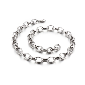 Silver stainless steel oval link chain necklace with lobster clasp on white background