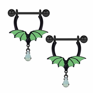 Detailed view of black bat nipple rings with green wings and water drop opal pendants