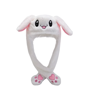 White plush bunny hat with movable ears and cute embroidered rabbit face design