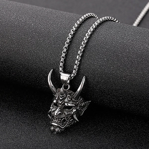 Vintage gothic titanium steel horned ghost mask pendant necklace with box chain for men