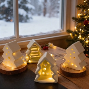 Dettaglio di quattro lampade a forma di albero di Natale in ceramica bianca con base in legno